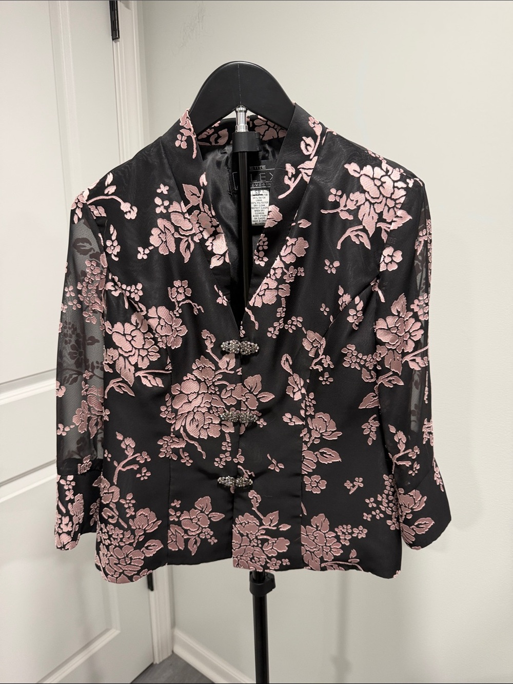 Alex Evenings Black Jacket with Pink Floral Brocade with sheer sleeves.